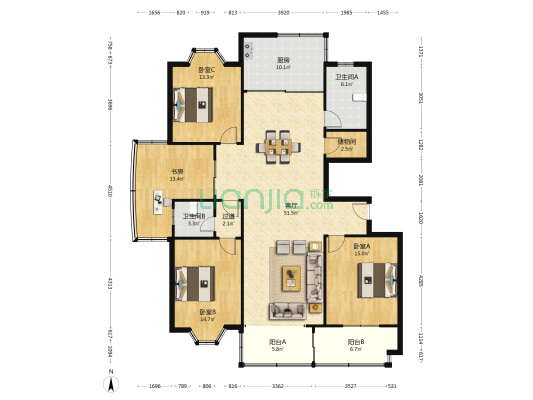 南方大厦 4室1厅2卫 171平方