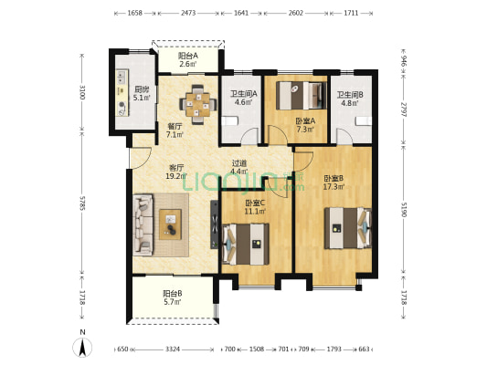 世茂璀璨倾城东区 3室2厅2卫 120平方