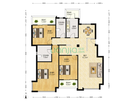 光华时代广场 3室1厅2卫 145平方