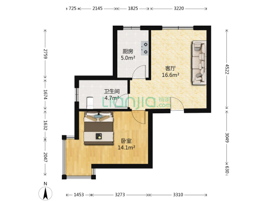 官厅前海园 1室1厅1卫 55平方