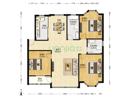 星海云庭 3室1厅2卫 134平方
