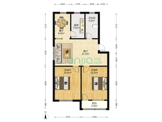 圆明东村 2室2厅1卫 85平方