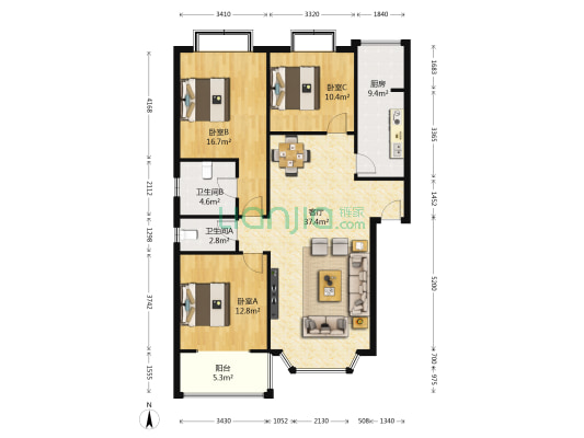 景华苑 3室1厅2卫 118平方