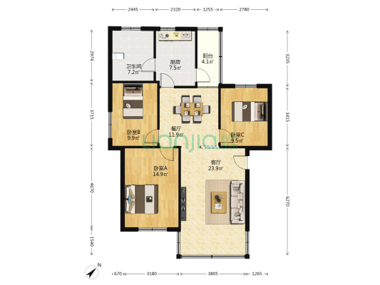 美平村西侧 3室2厅1卫 99平方