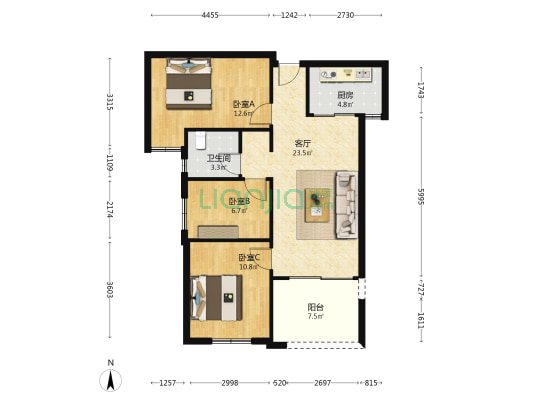 保利庭瑞阅江台麓园 3室1厅1卫 97平方