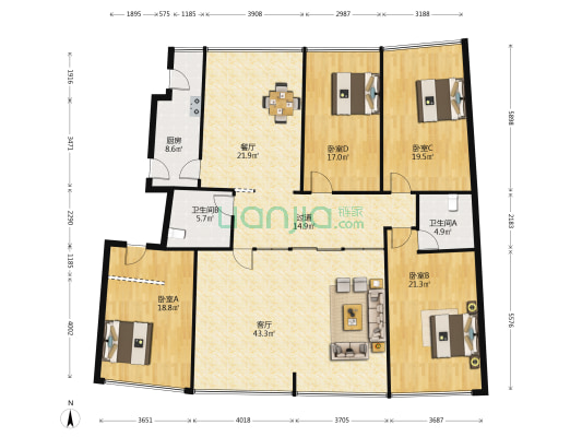 汉风大厦 4室2厅2卫 207平方