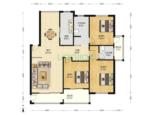 江南水庄 3室1厅2卫 148平方