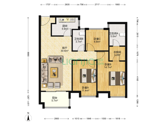 新南路壹号(公寓) 3室1厅2卫 101平方