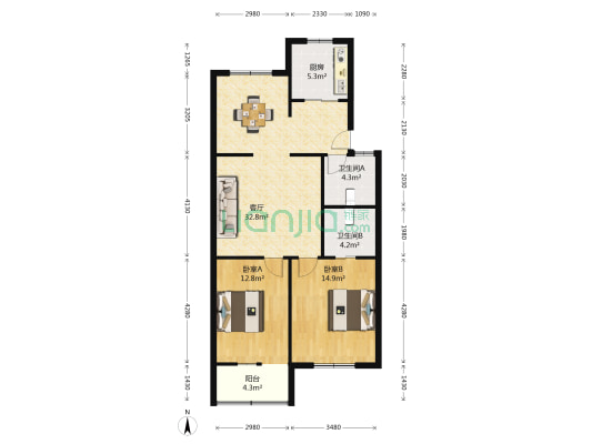 碧云小苑 2室1厅2卫 95平方