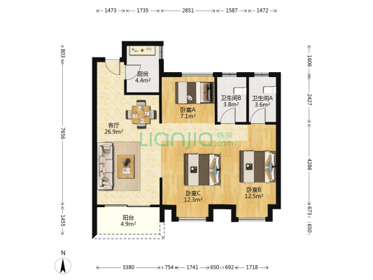华鸿中南壹号院 3室1厅2卫 95平方
