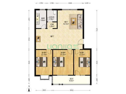 乐园新居A区 3室1厅1卫 117平方