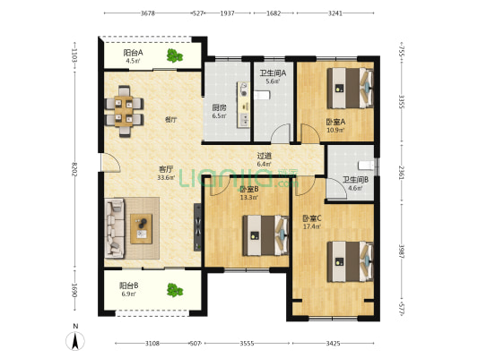 北海之滨北苑 3室1厅2卫 140平方