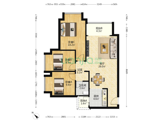 恒森星都会 3室1厅1卫 95平方