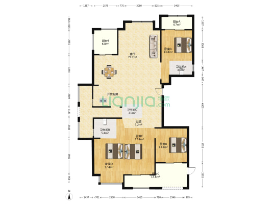 融侨外滩A区 4室1厅3卫 200平方