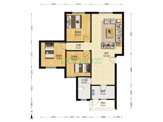 外北馨居 3室1厅1卫 97平方