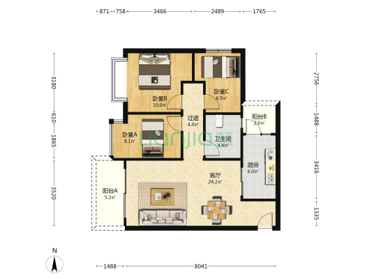 恒大新城四期 3室1厅1卫 91平方