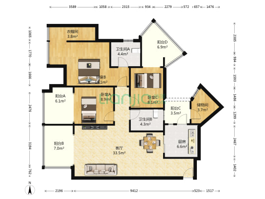 三利领事公馆 3室1厅2卫 123平方