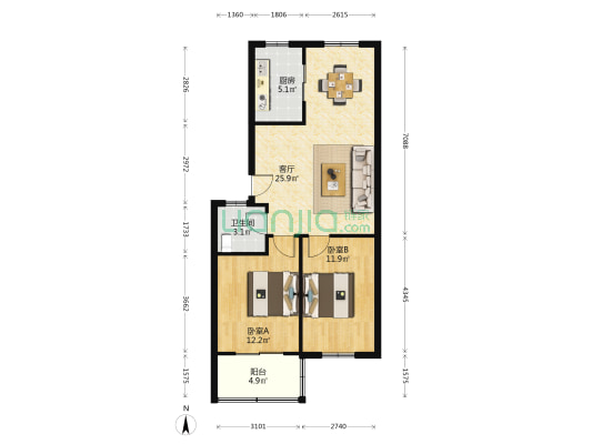 十七中北街5号院 2室1厅1卫 84平方