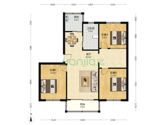 秀野苑 3室1厅1卫 106平方