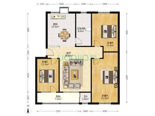 襄阳市社保局家属院 3室1厅2卫 133平方
