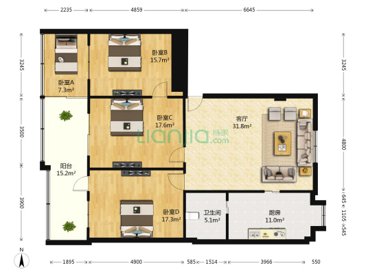 南京西路 4室1厅1卫 128平方