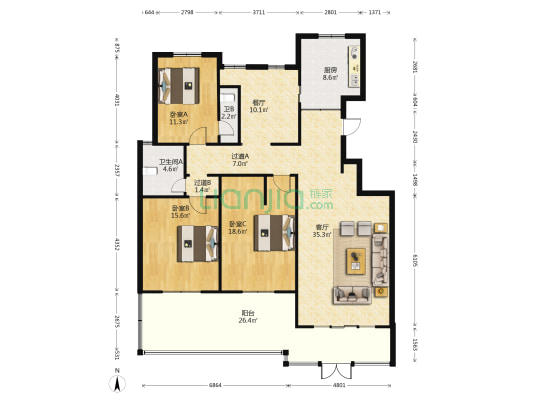 世纪星城 3室2厅2卫 149平方