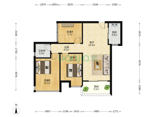 罗马新都三期 3室1厅1卫 91平方