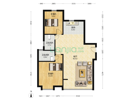 中海九樾 2室1厅2卫 115平方
