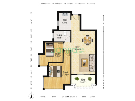奥林匹克花园御珑湾 2室1厅1卫 77平方