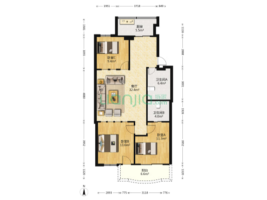 北江公寓 3室1厅2卫 100平方