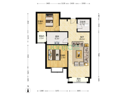 大两居室 看房有钥匙91平69万可议-户型图
