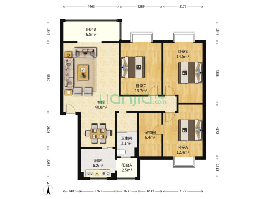简约生活 3室1厅1卫 122平方