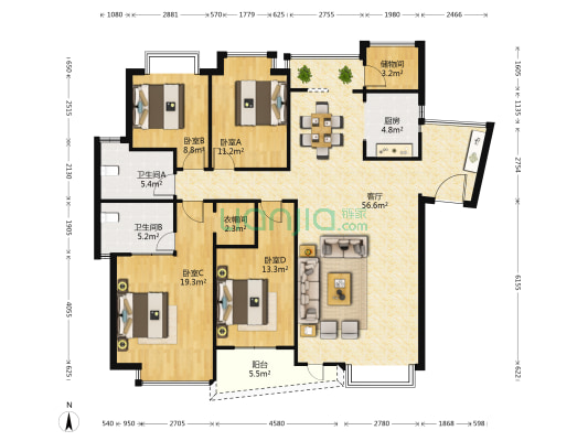 天府长城丽日清风 4室1厅2卫 159平方