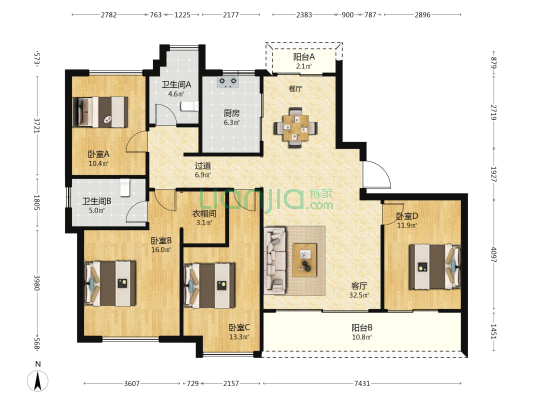 绿城美的桂语映月B区 4室1厅2卫 158平方