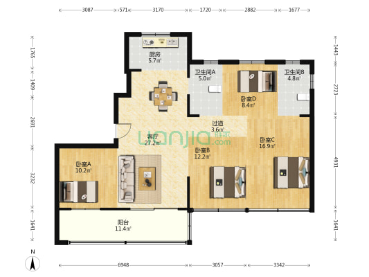 海涵苑 4室1厅2卫 130平方