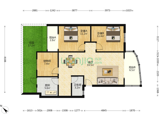 炳东新居 2室1厅1卫 103平方