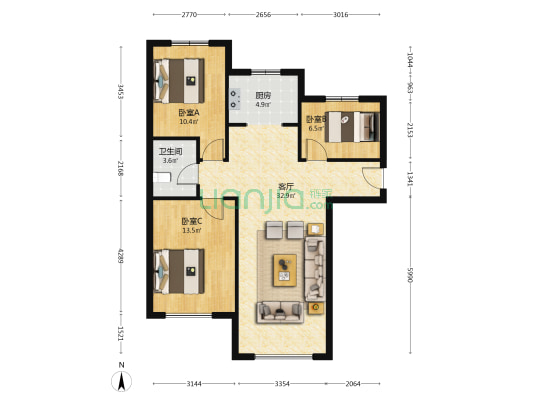 K2狮子城南区 3室2厅 南 北-户型图
