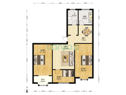 炎黄小区 3室2厅1卫 110平方