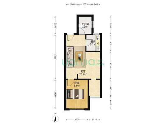 70年大产权，南向正规一居室，采光好视野好-户型图