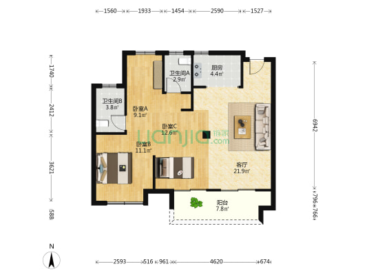 枫尚学府 3室1厅2卫 89平方