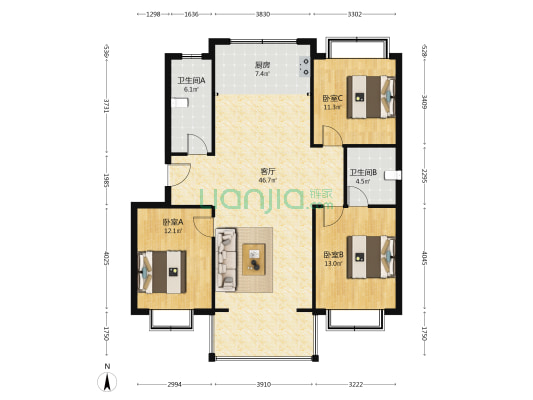 东海海滨花园 3室1厅2卫 122平方