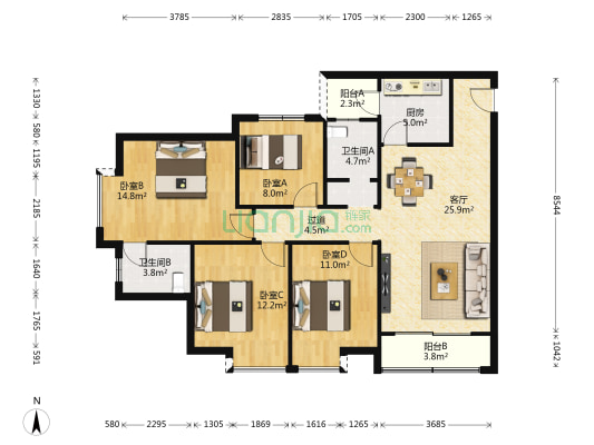 和美家园 4室1厅2卫 124平方