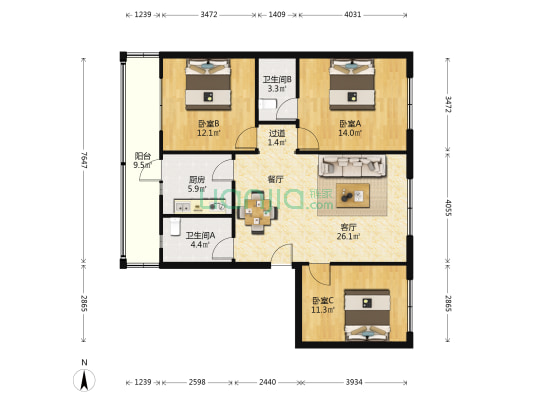 上升庭苑 3室1厅2卫 101平方