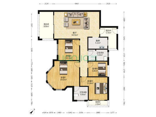 中华名城1期 4室1厅2卫 120平方