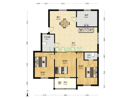 谈公北路 3室2厅2卫 119平方
