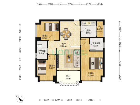 满京华云著二期 3室1厅2卫 88平方