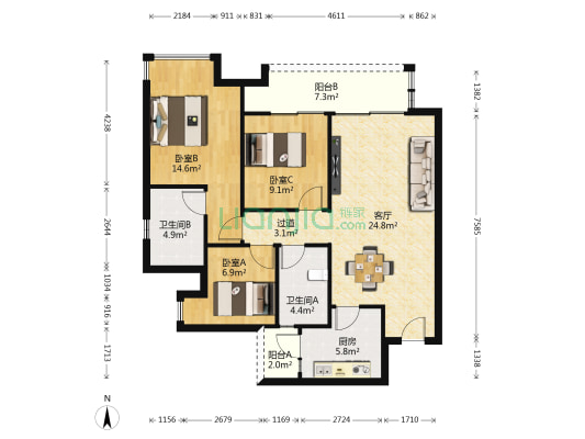 龙湖长滩原麓涵园 3室1厅2卫 99平方