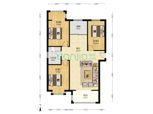 万悦城南北通透三居室带装修诚意出售-户型图