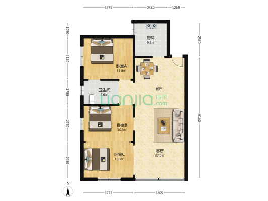 富豪花园(香洲区) 3室1厅1卫 95平方