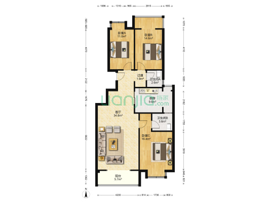 京南绿洲二期 3室1厅2卫 129平方